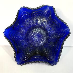 Vintage Cobalt Blue Carnival Glass Ruffled Star Bowl